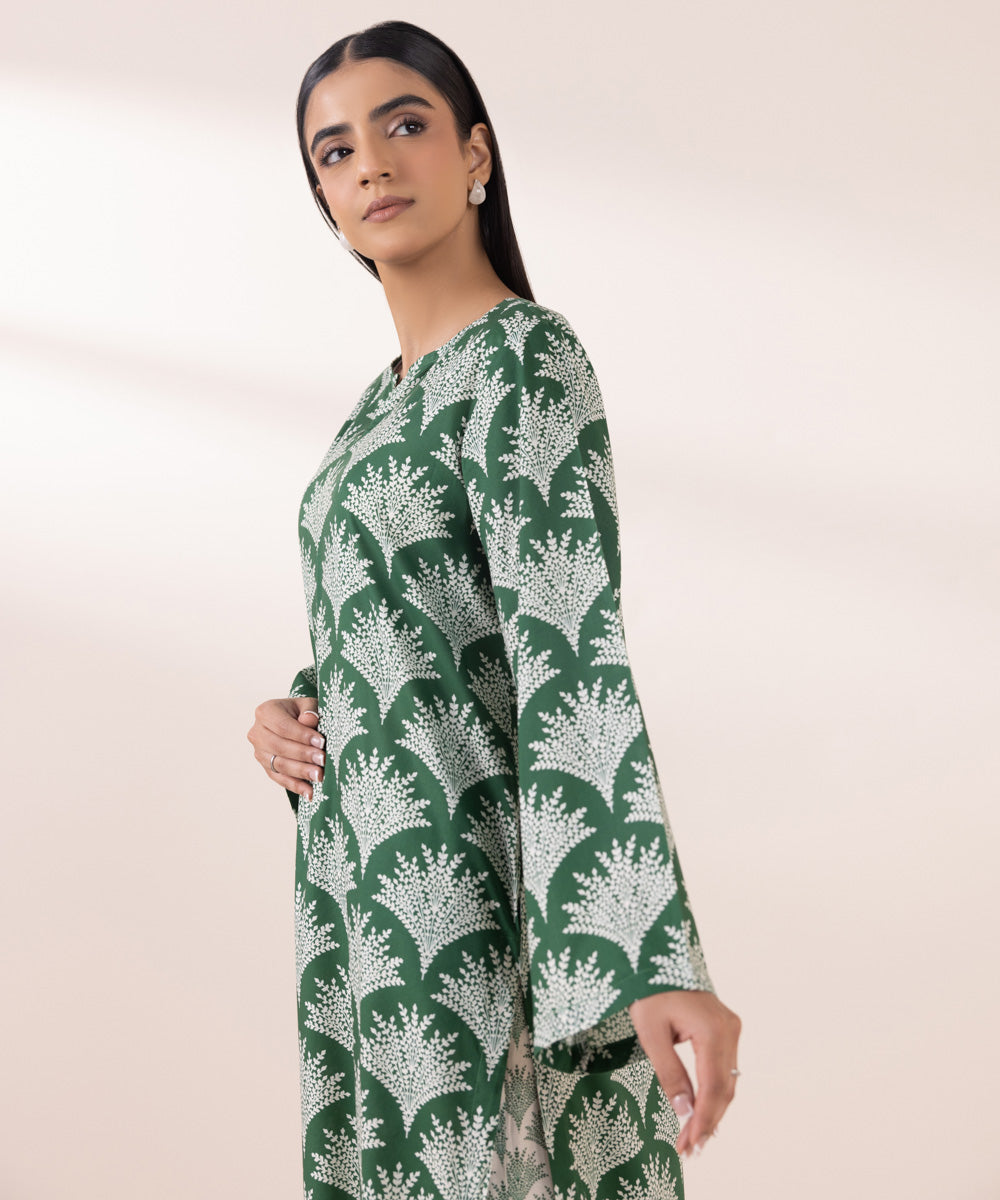 Women's Pret Cotton Viscose Green Printed A-Line Shirt