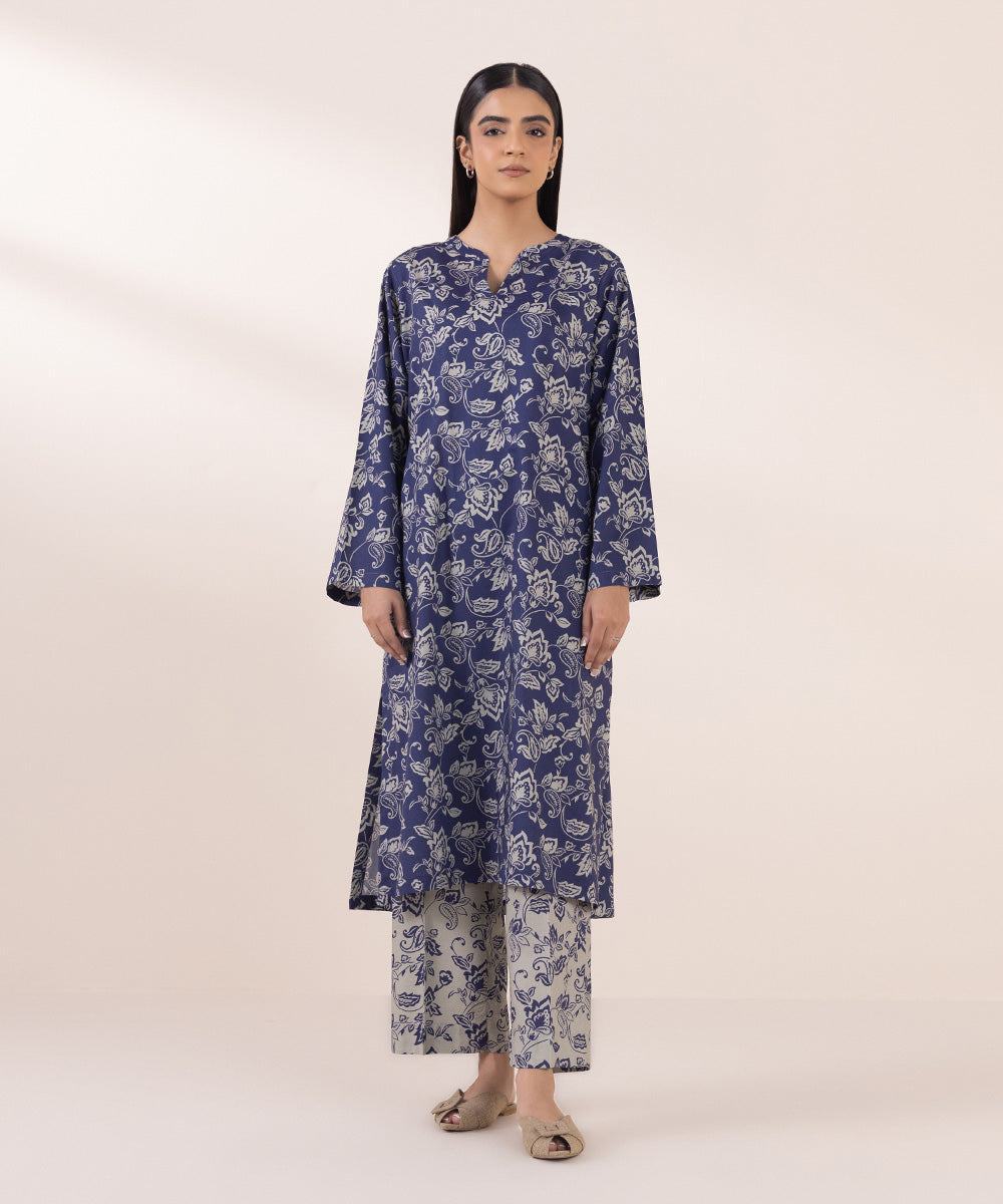 Women's Pret Cotton Viscose Blue Printed A-Line Shirt