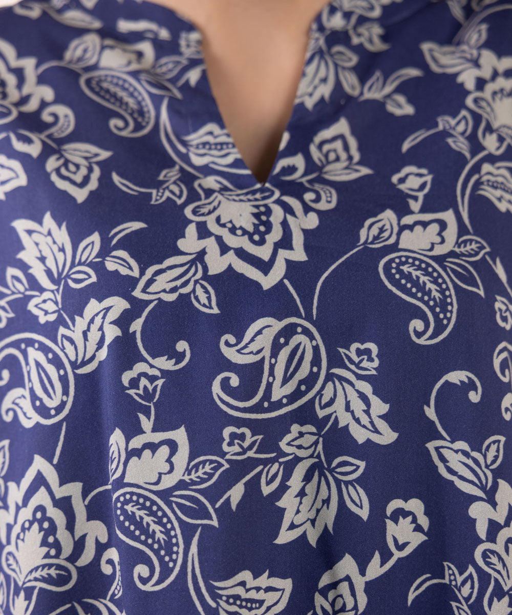 Women's Pret Cotton Viscose Blue Printed A-Line Shirt