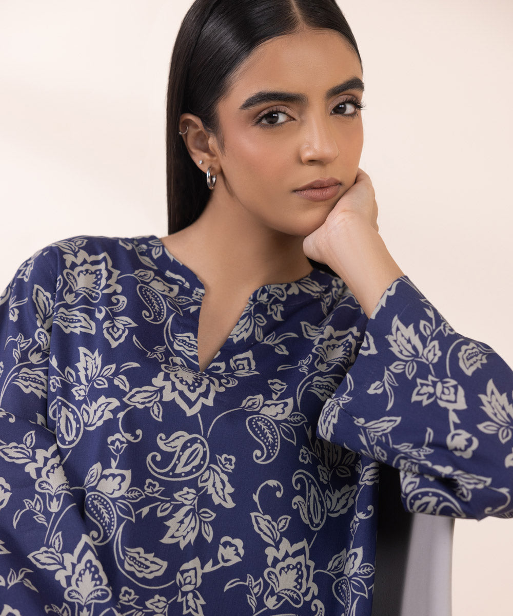 Women's Pret Cotton Viscose Blue Printed A-Line Shirt