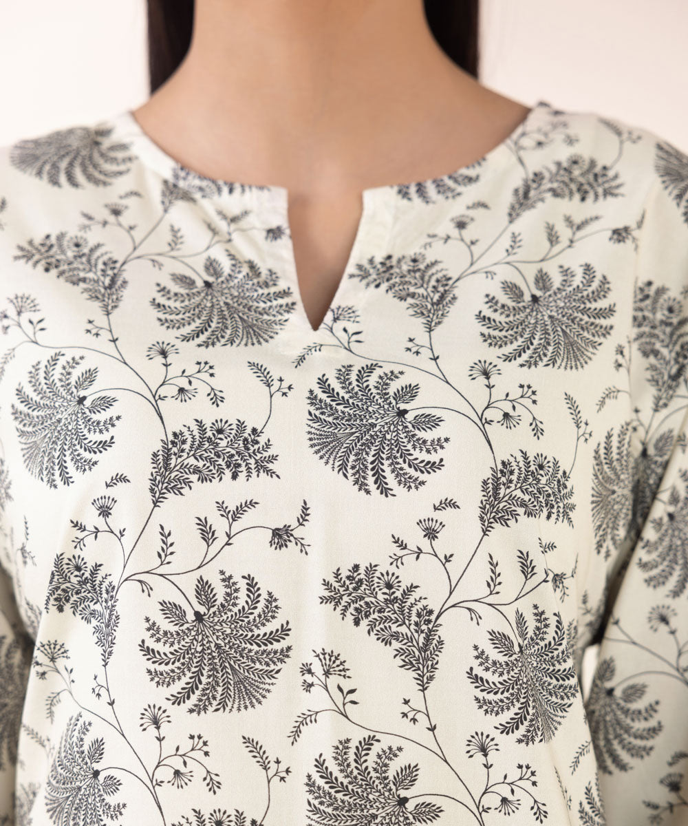 Women's Pret Cotton Viscose Off White Printed Boxy Shirt