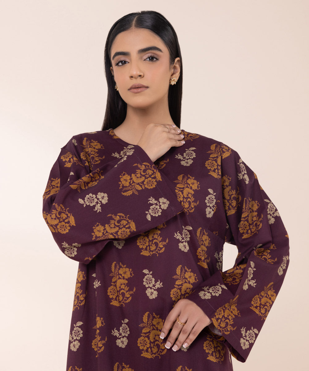 Women's Pret Cotton Viscose Purple Printed Boxy Shirt