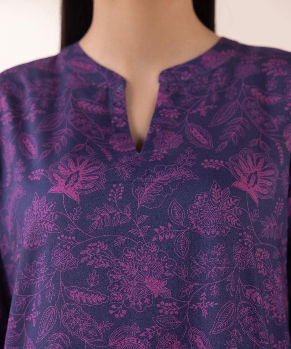 Women's Pret Cotton Viscose Purple Printed A-Line Shirt