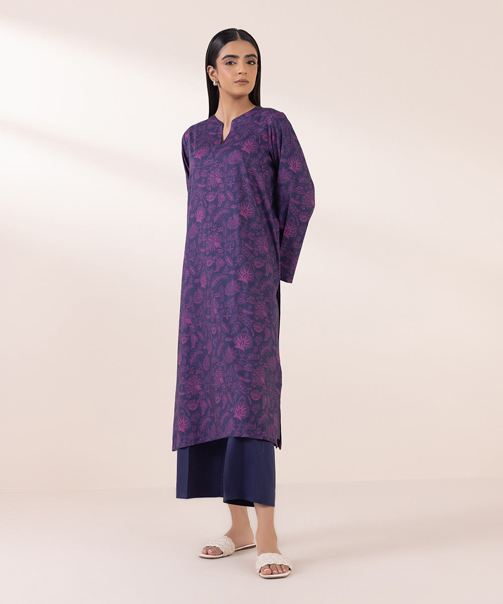 Women's Pret Cotton Viscose Purple Printed A-Line Shirt