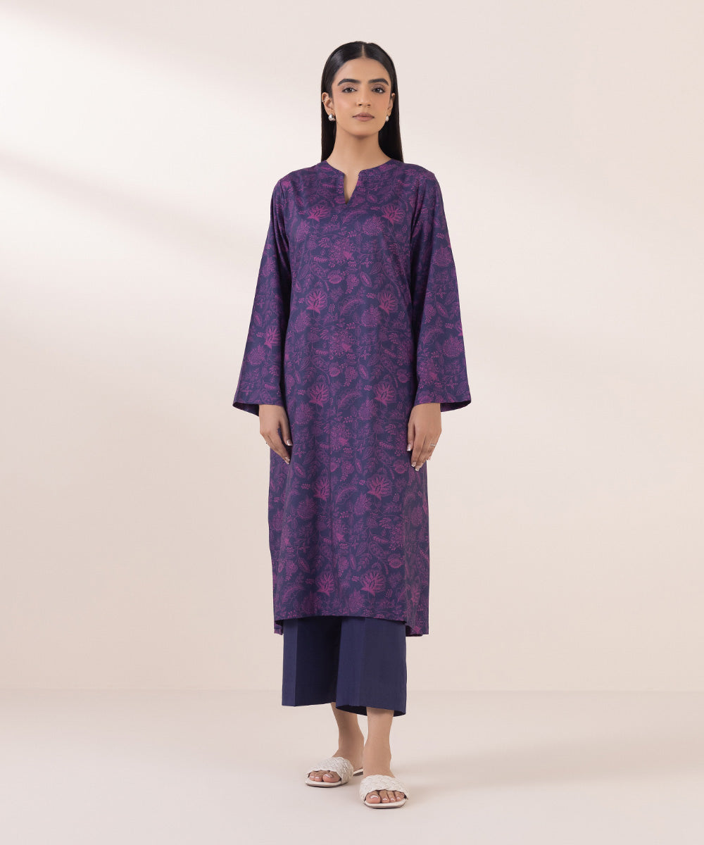 Women's Pret Cotton Viscose Purple Printed A-Line Shirt