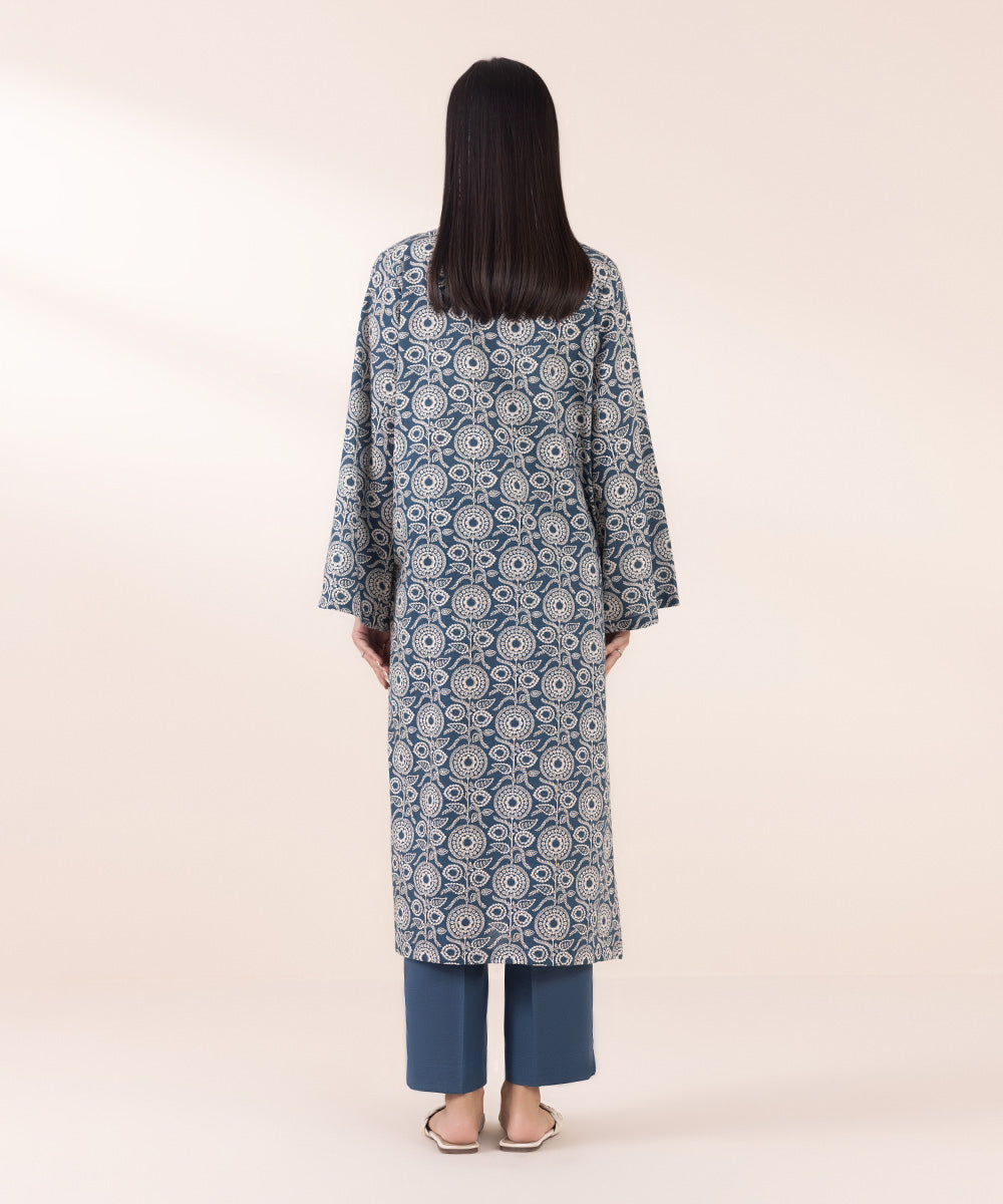 Women's Pret Khaddar Blue Printed Straight Shirt