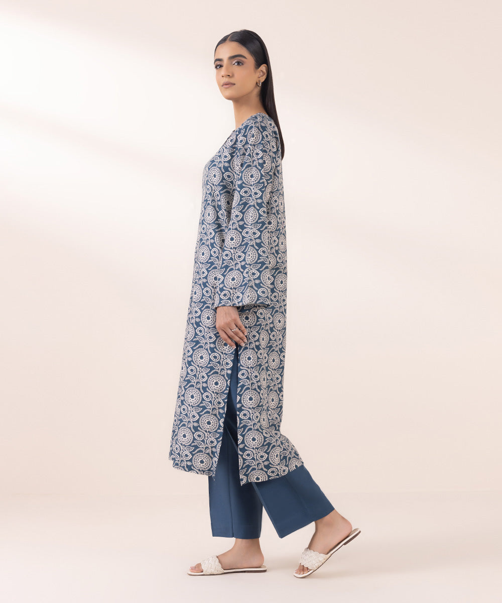 Women's Pret Khaddar Blue Printed Straight Shirt