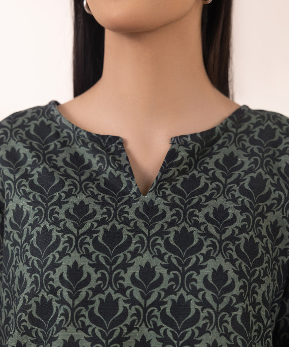 Women's Pret Khaddar Green Printed Straight Shirt