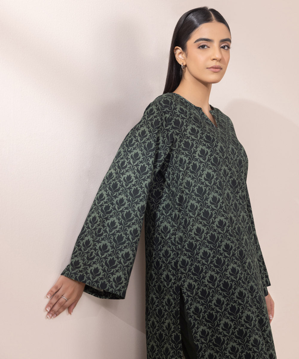 Women's Pret Khaddar Green Printed Straight Shirt