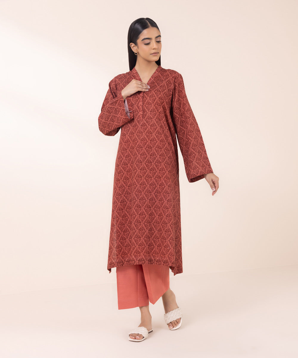 Women's Pret Khaddar Red Printed A-Line Shirt