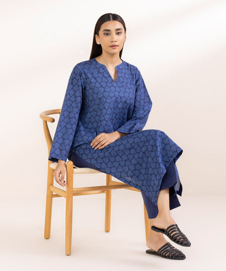 Women's Pret Khaddar Blue Printed A-Line Shirt