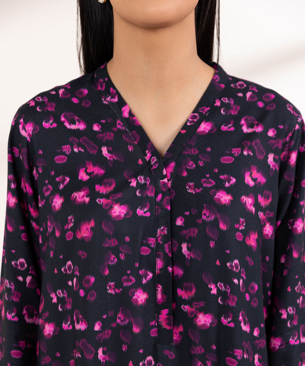 Women's Pret Linen Black Printed Straight Shirt