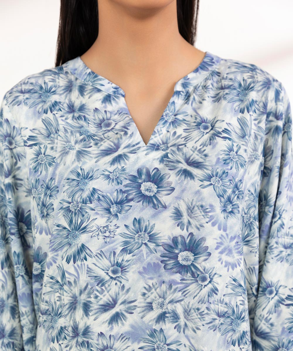 Women's Pret Linen Blue Printed A-Line Shirt