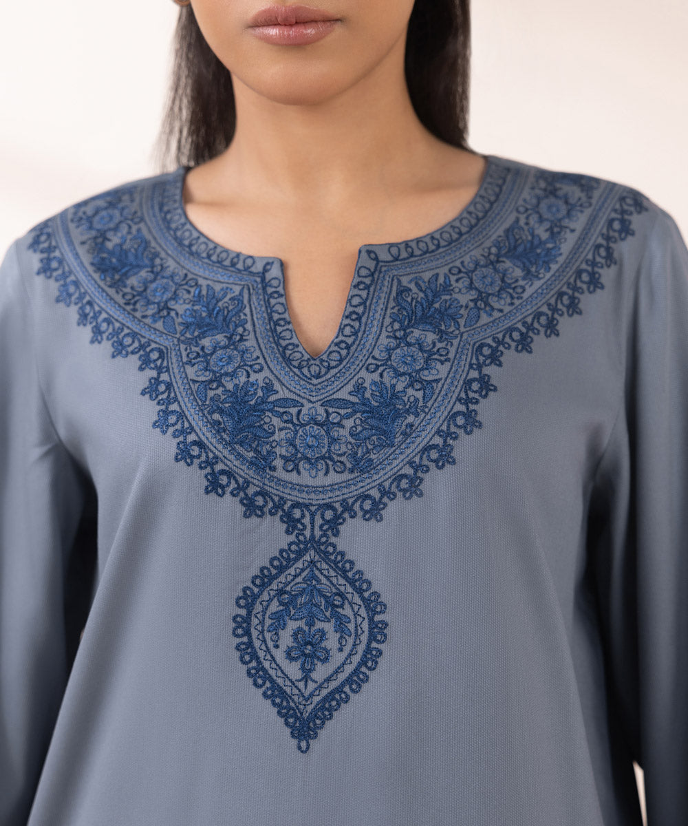 Women's Pret Bedford Blue Embroidered Straight Shirt