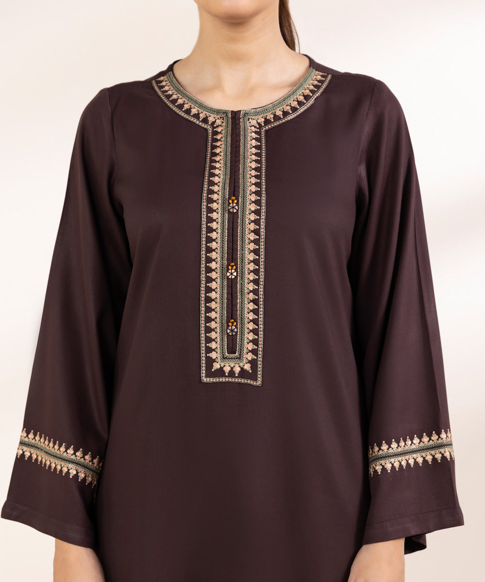 Women's Pret Bedford Brown Embroidered A-Line Shirt