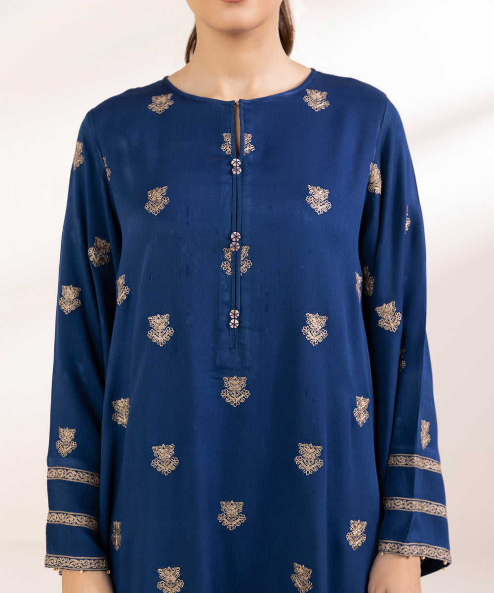 Women's Pret Bedford Blue Embroidered A-Line Shirt