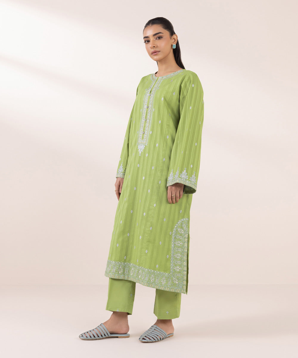 Women's Pret Dobby Green Embroidered A-Line Shirt