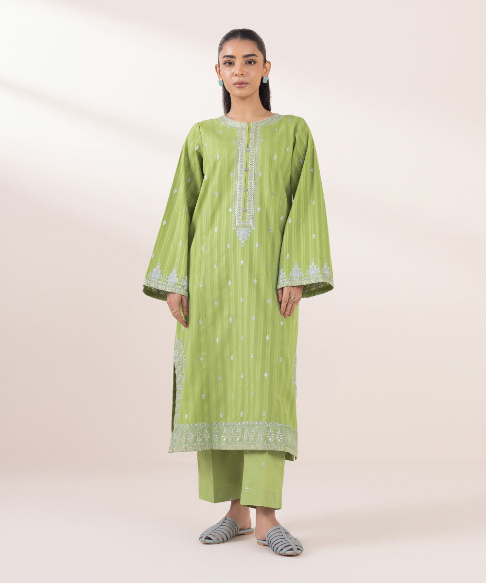 Women's Pret Dobby Green Embroidered A-Line Shirt