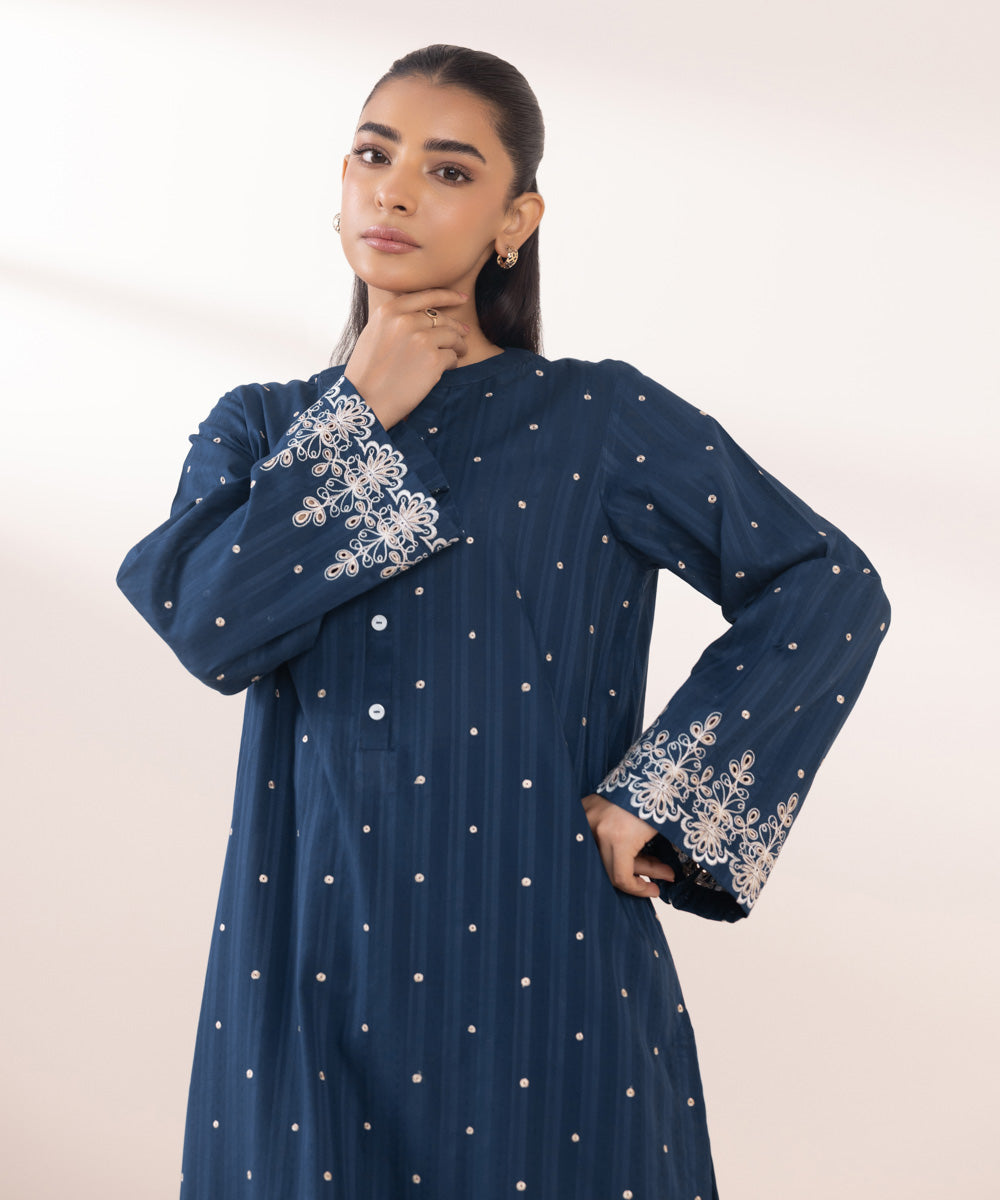 Women's Pret Dobby Blue Embroidered A-Line Shirt