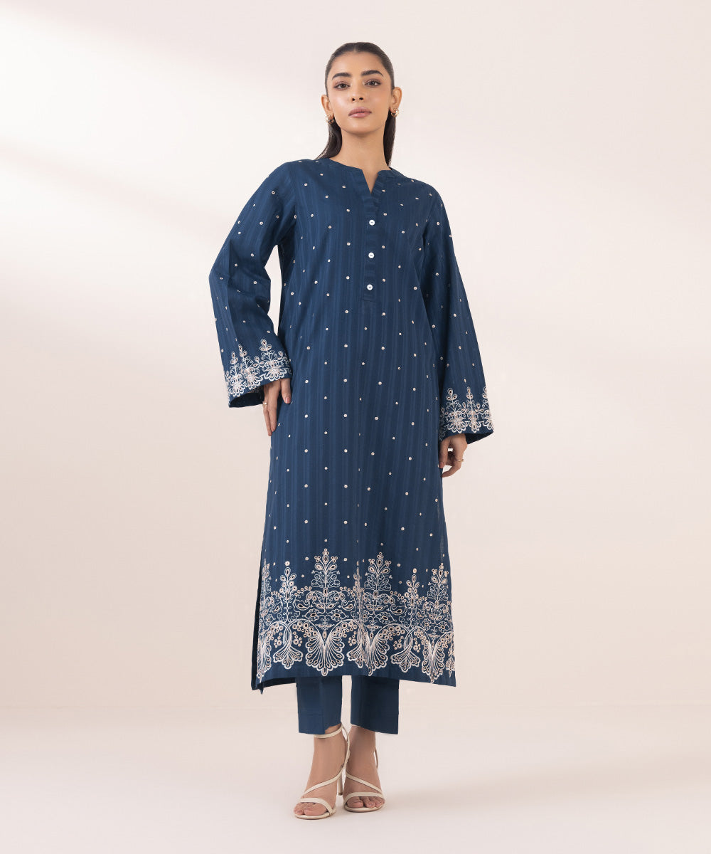 Women's Pret Dobby Blue Embroidered A-Line Shirt