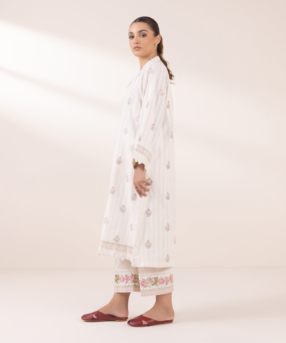 Women's Pret Dobby Off White Embroidered A-Line Shirt