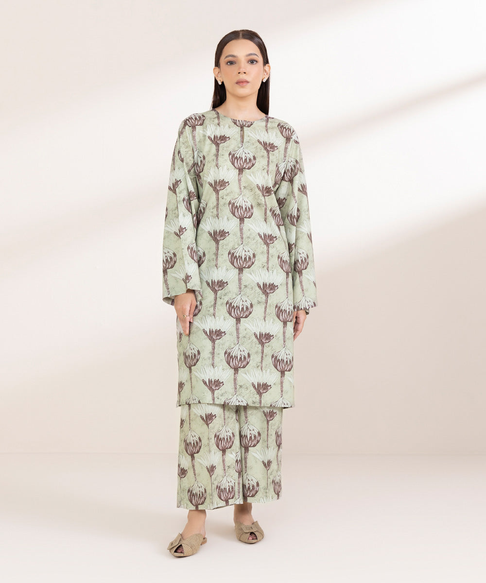 Women's Pret Cotton Viscose Printed Sage Green Boxy Shirt