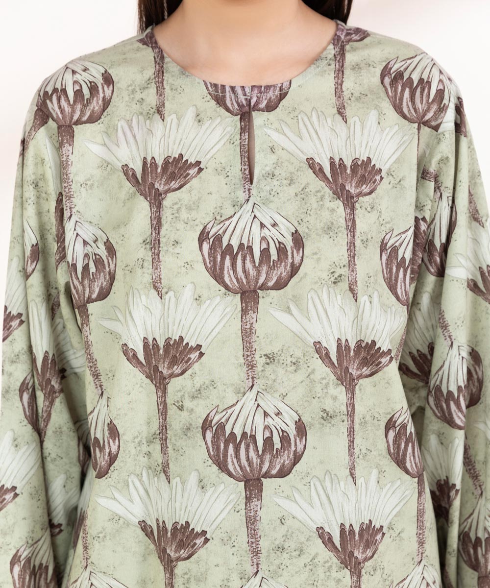 Women's Pret Cotton Viscose Printed Sage Green Boxy Shirt