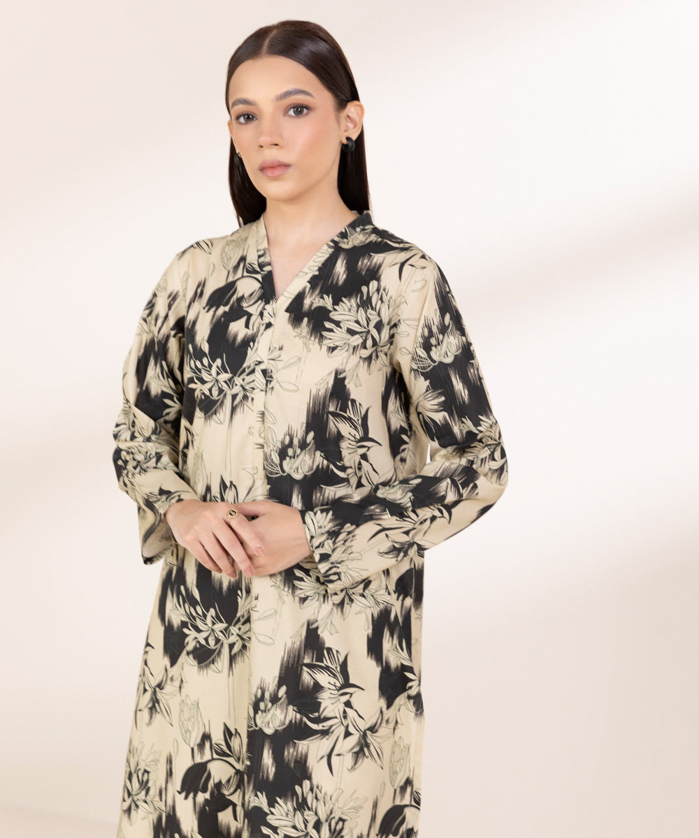 Women's Pret Cotton Viscose Printed Beige Straight Shirt