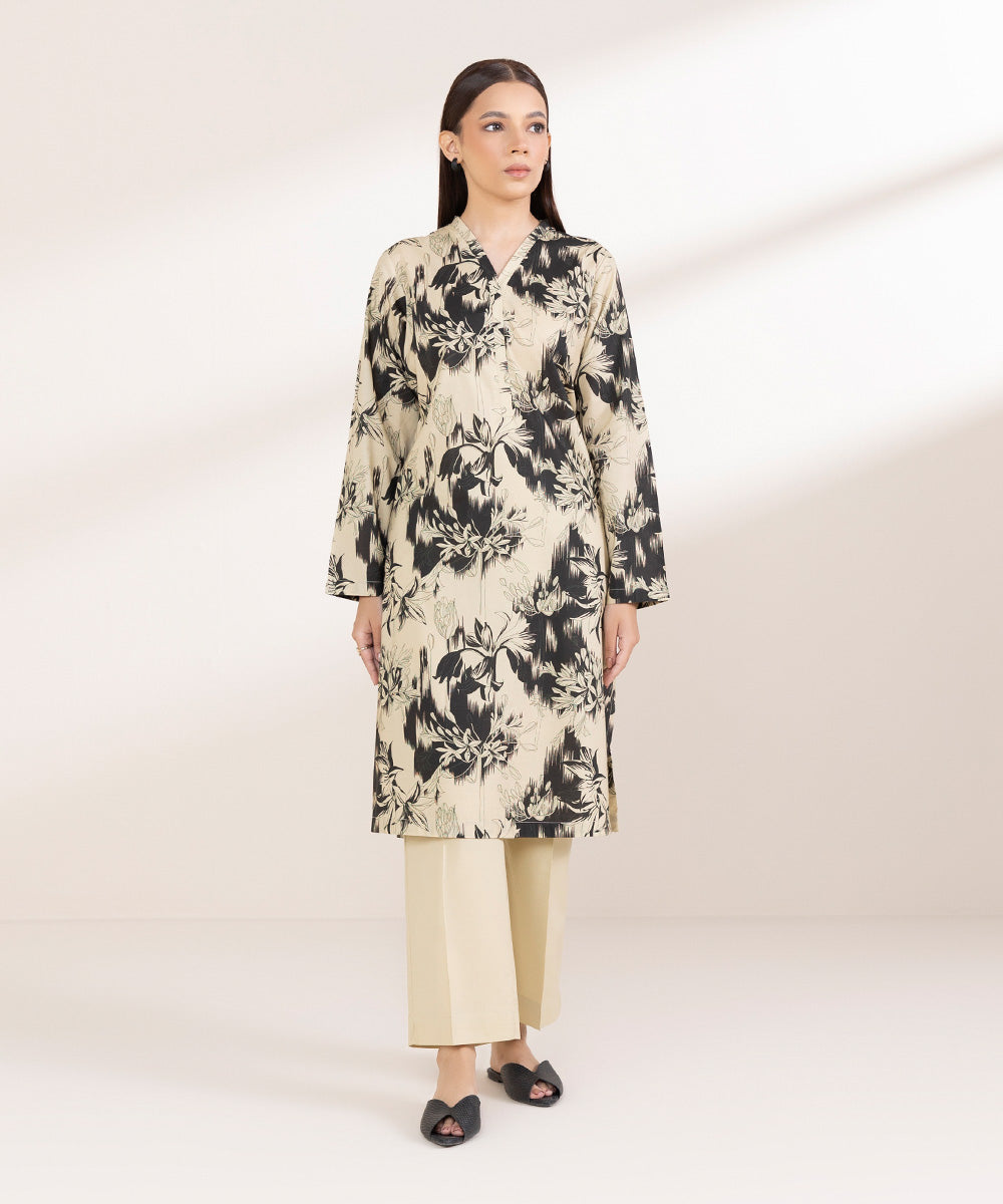 Women's Pret Cotton Viscose Printed Beige Straight Shirt