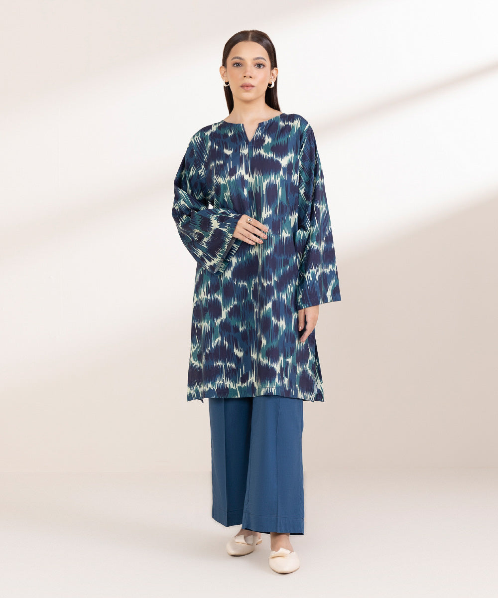 Women's Pret Cotton Viscose Printed Sea Green Boxy Shirt