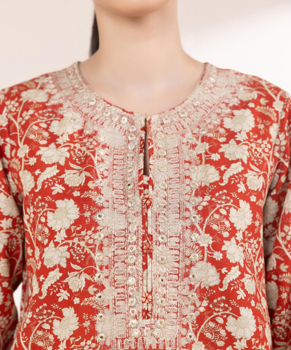 Women's Pret Khaddar Embroidered Red A-Line Shirt