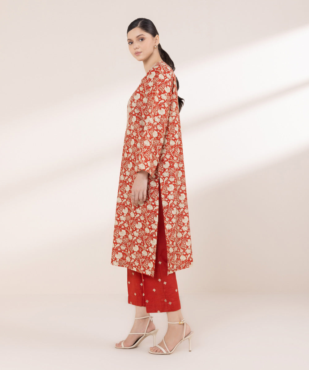 Women's Pret Khaddar Embroidered Red A-Line Shirt