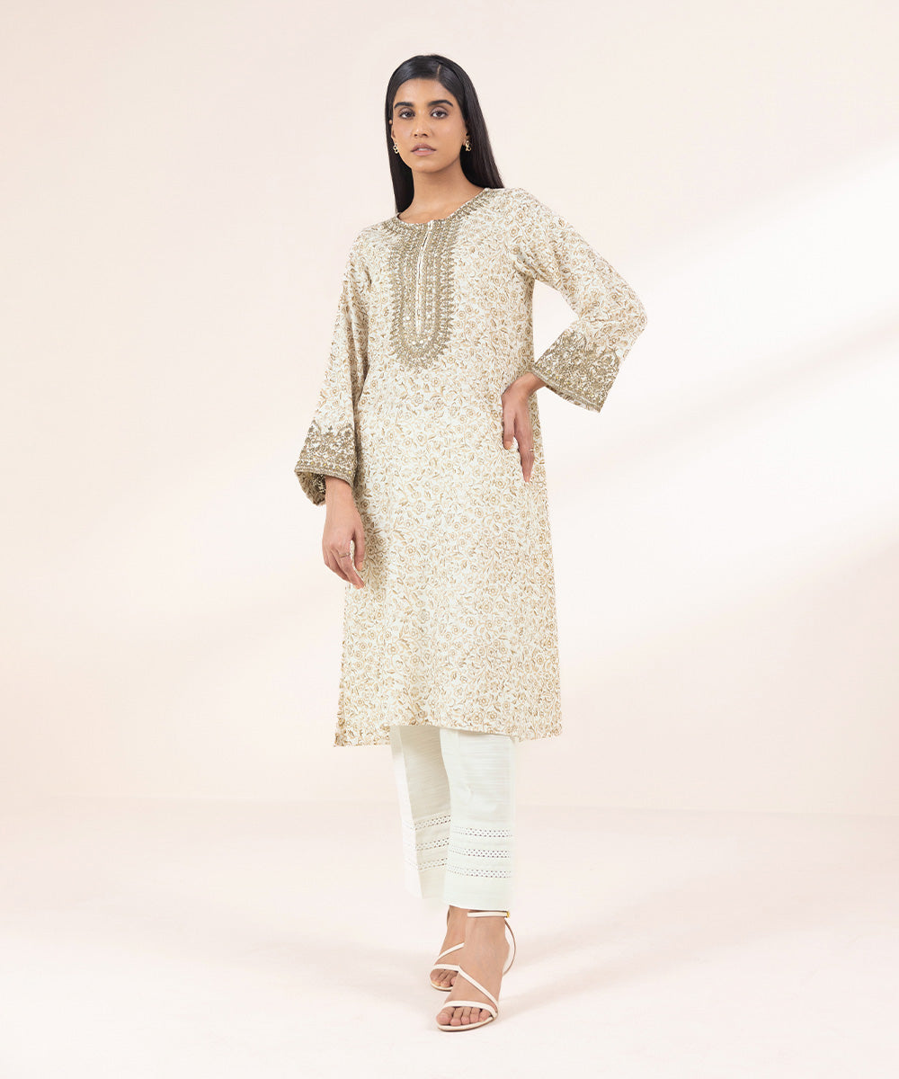 Women's Pret Khaddar Embroidered Off White A-Line Shirt