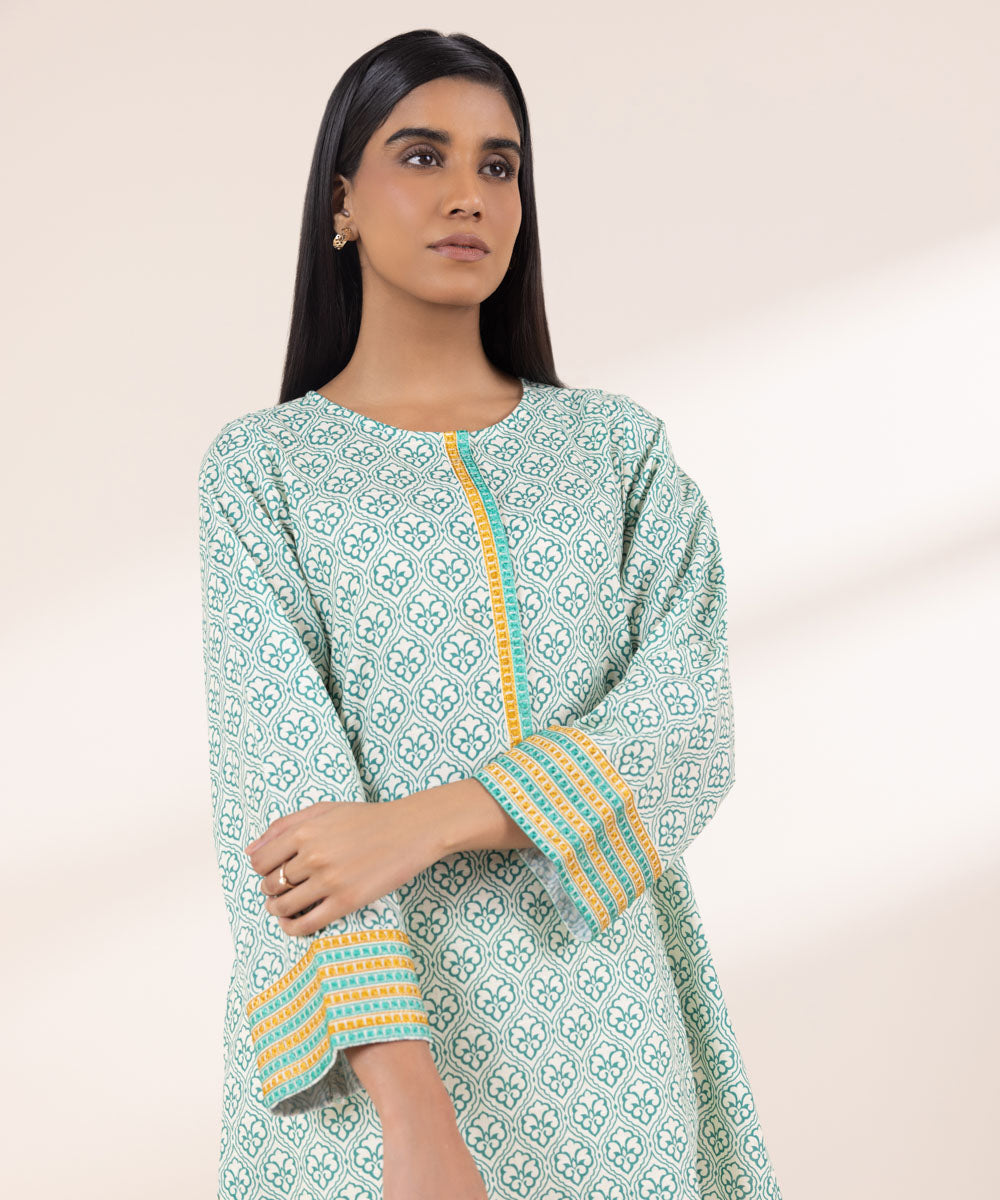 Women's Pret Khaddar Embroidered Off White And Mint Green A-Line Shirt