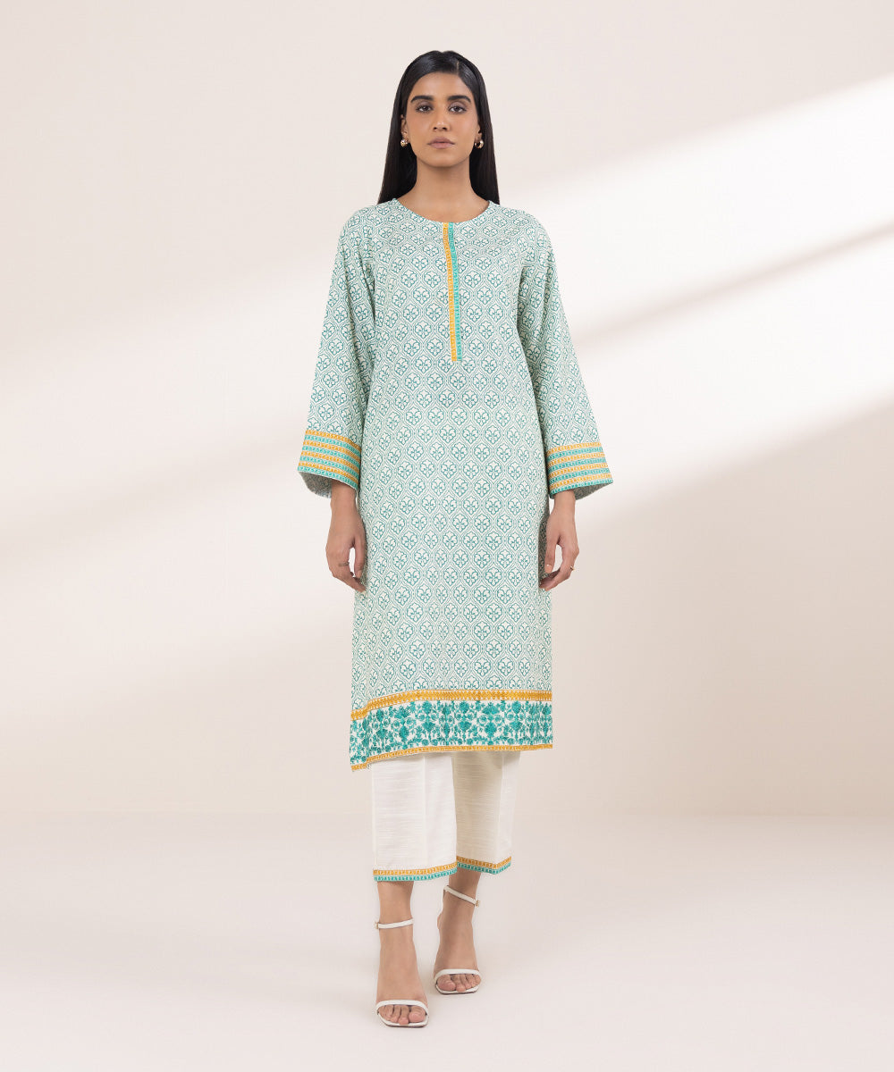 Women's Pret Khaddar Embroidered Off White And Mint Green A-Line Shirt