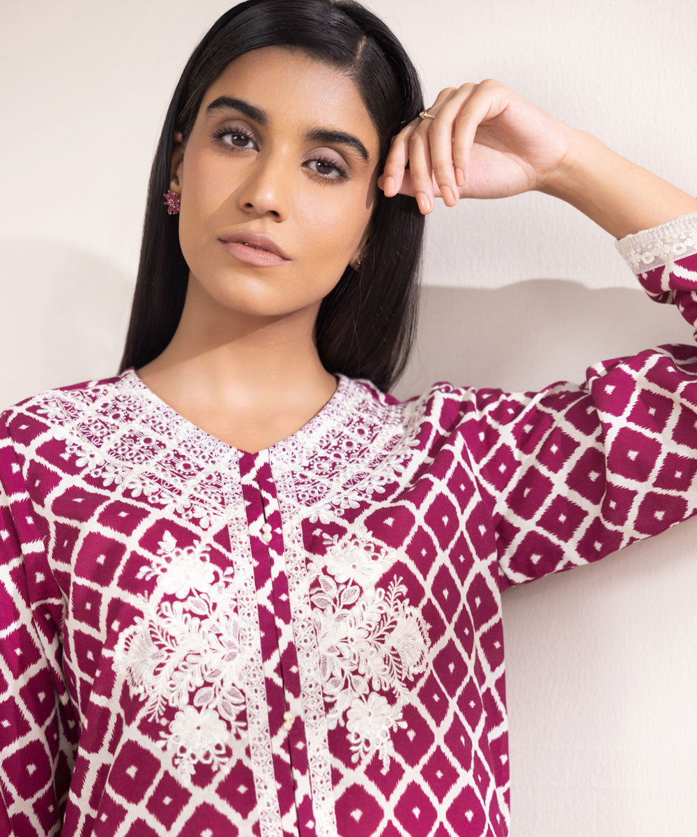 Women's Pret Khaddar Embroidered Magenta A-Line Shirt