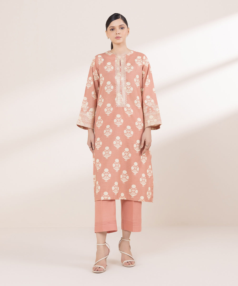 Women's Pret Khaddar Embroidered Tea Pink Straight Shirt