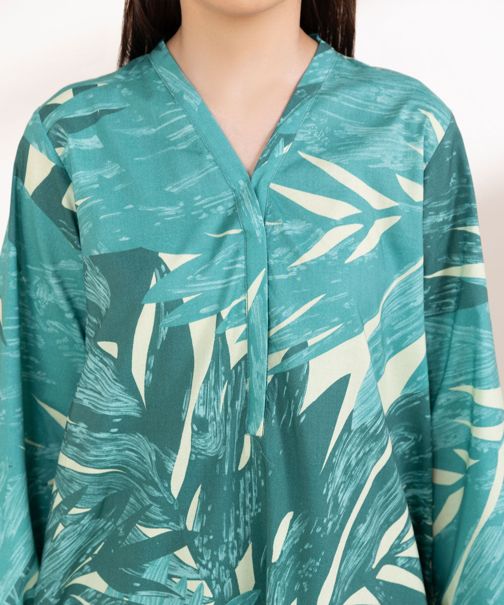 Women's Pret Cotton Viscose Printed Turquoise Straight Shirt