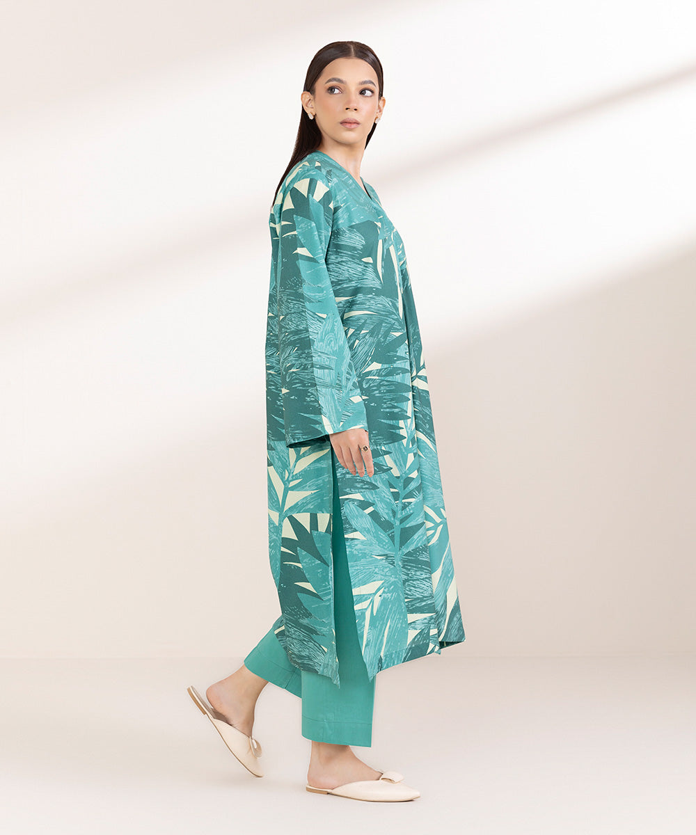 Women's Pret Cotton Viscose Printed Turquoise Straight Shirt