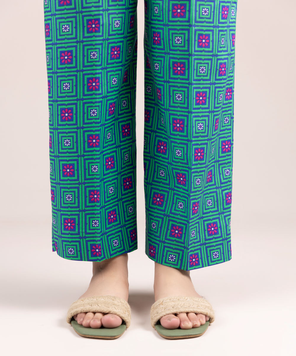 Women's Pret Cambric Printed Green Straight Pants