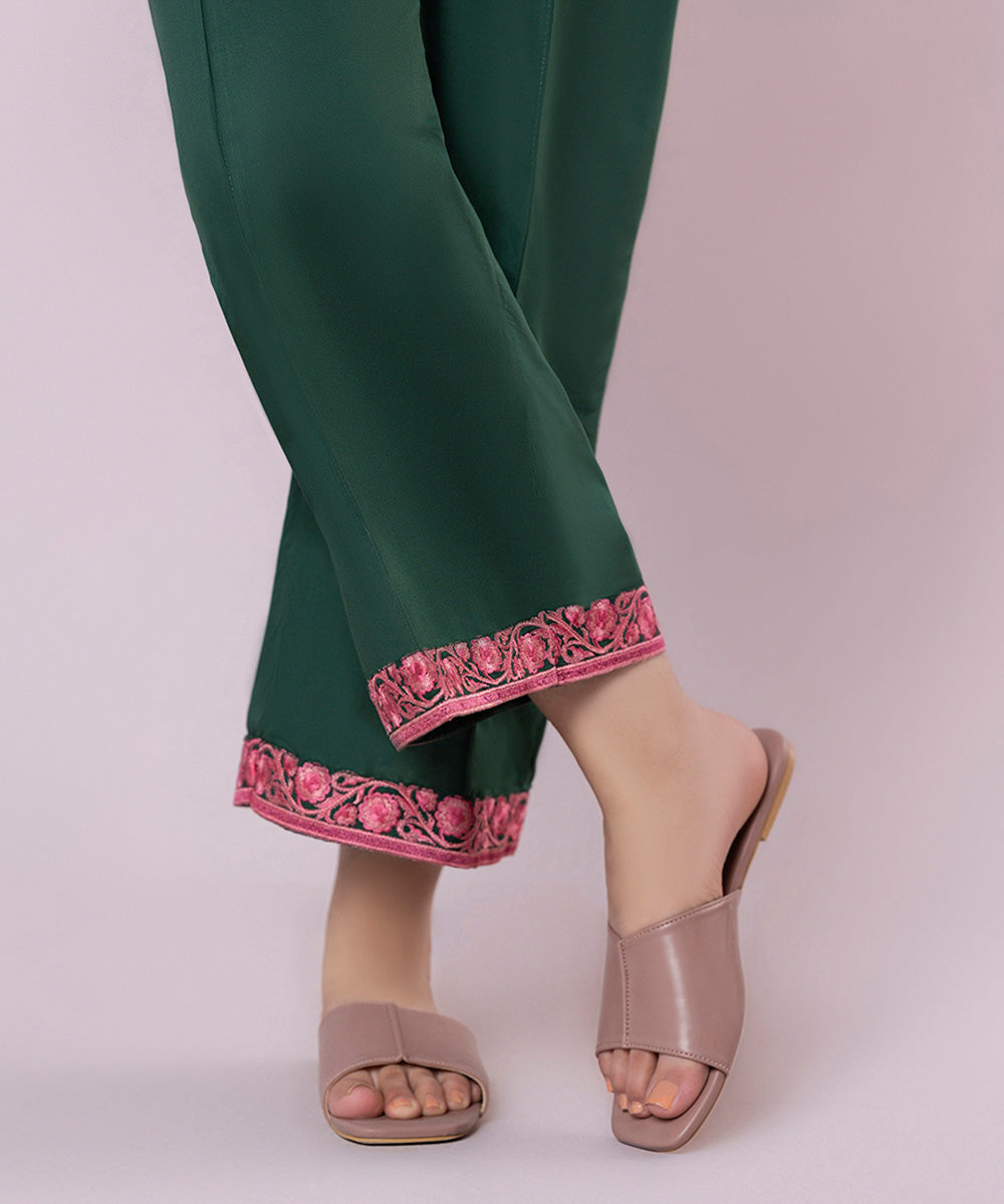 Women's Pret Cambric Embroidered Green Straight Pants