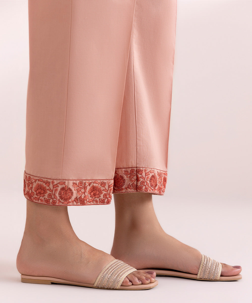 Women's Pret Cambric Pink Embroidered Straight Pants