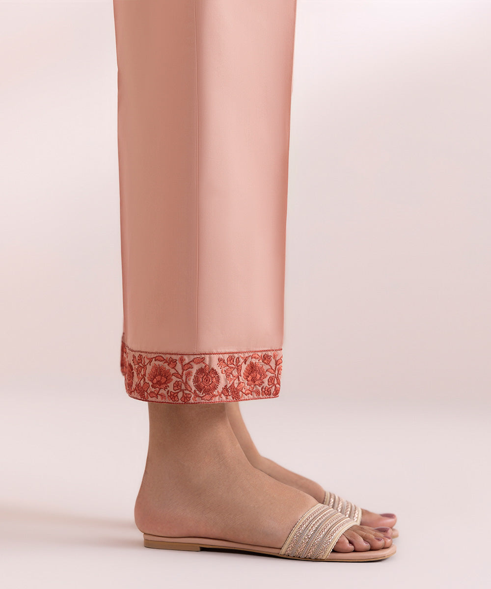 Women's Pret Cambric Pink Embroidered Straight Pants