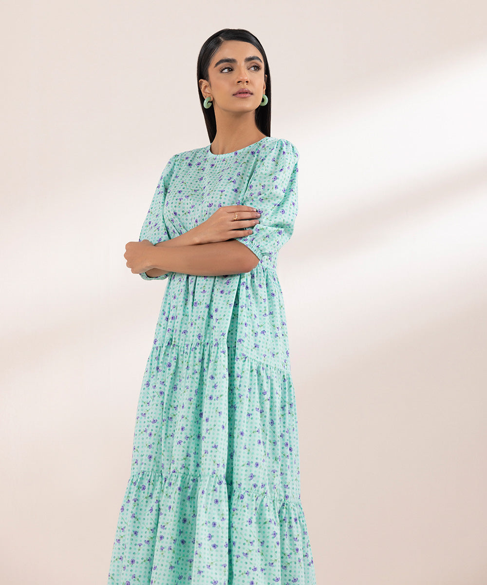 Women's Pret Lawn Printed Blue Tier Dress