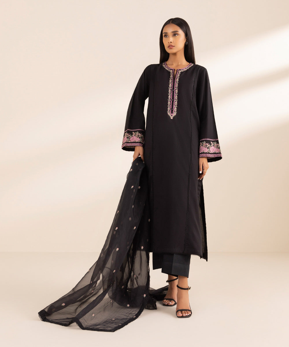 Women's Blended Organza Solid Embroidered Black Dupatta