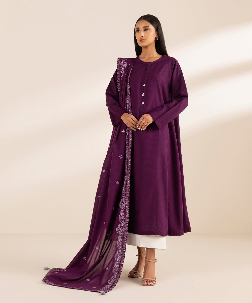 Women's Fine Voile Solid Embroidered Purple Dupatta