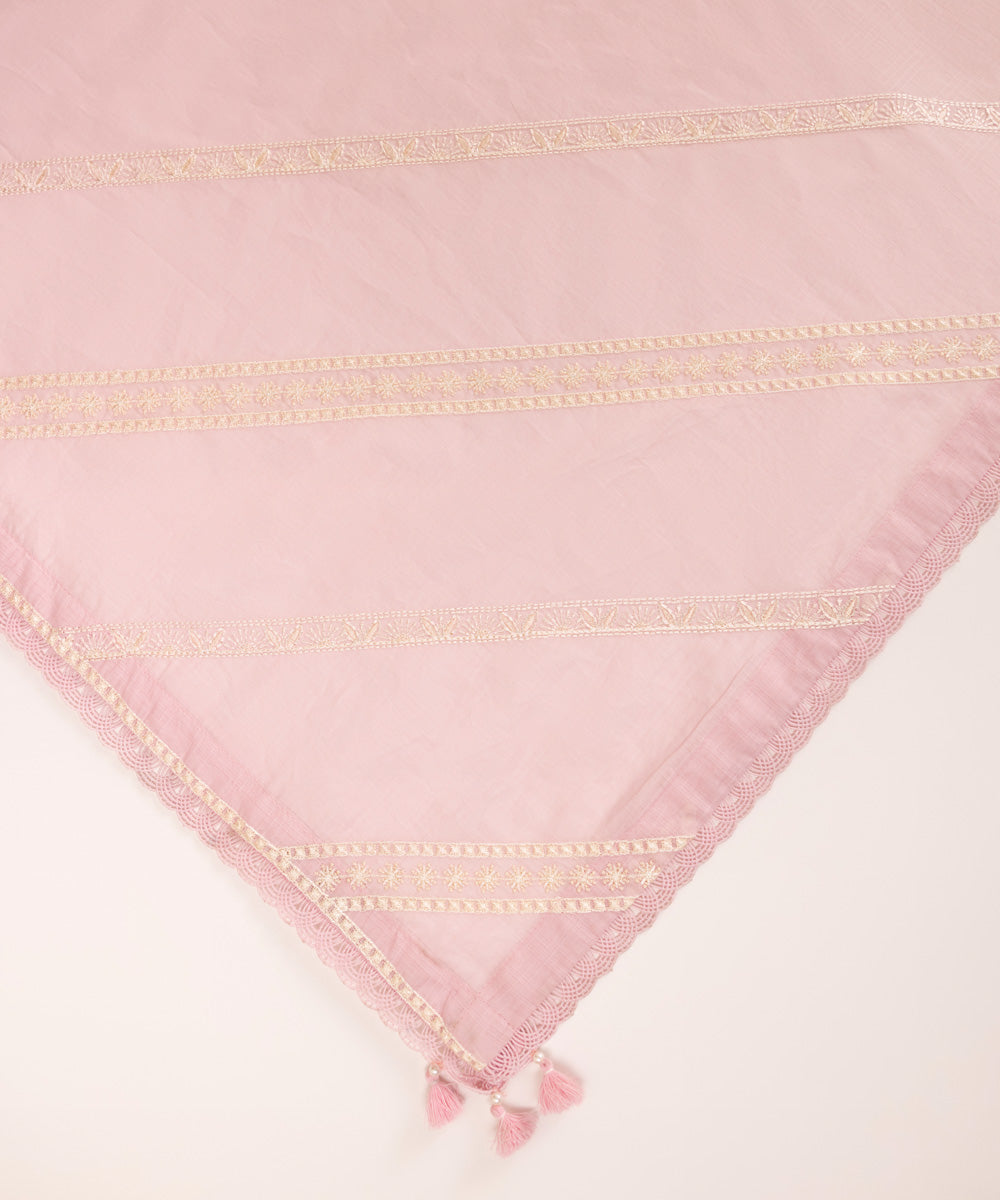 Women's Textured Voile Chikankari Pink Dupatta