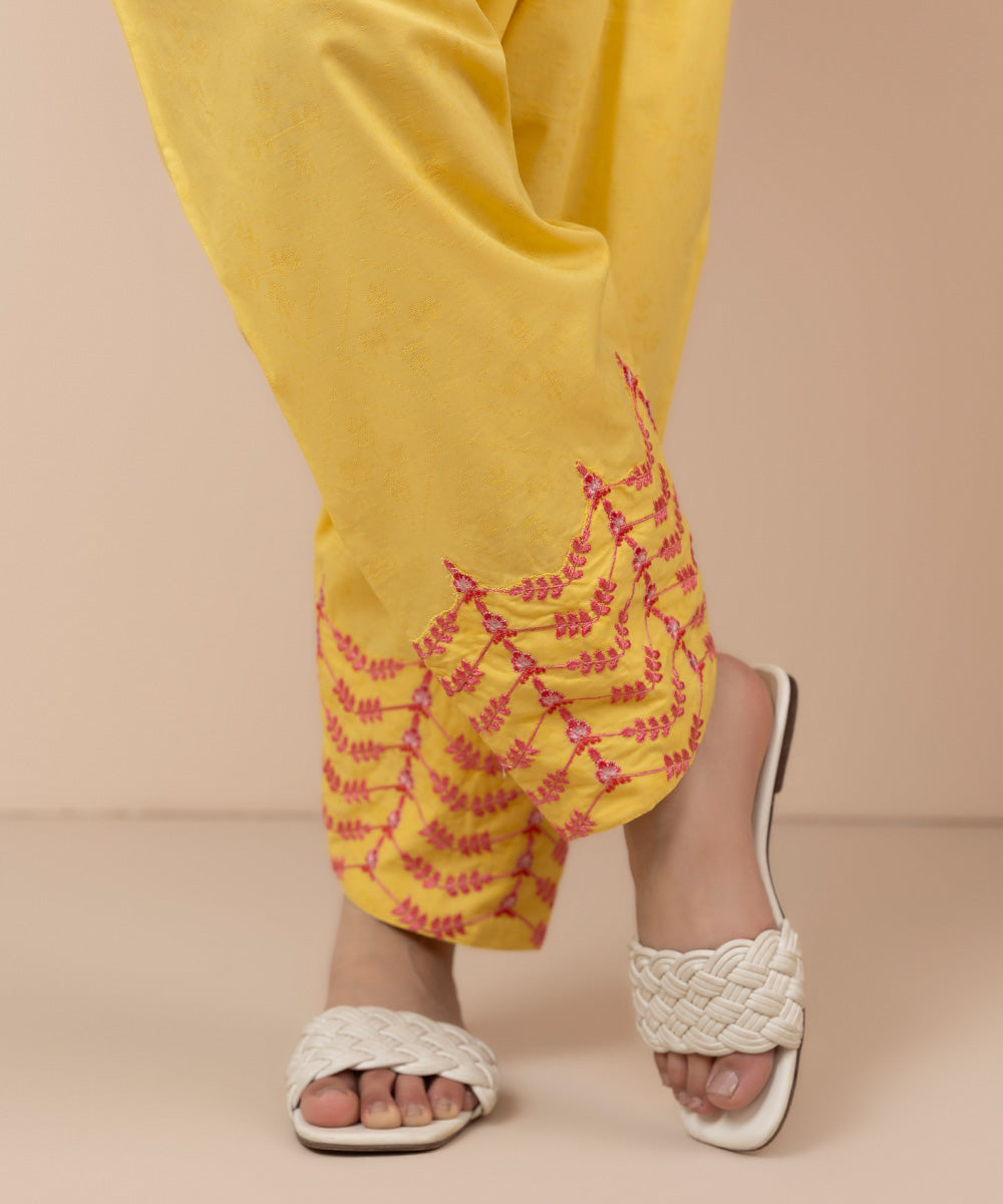 Women's Pret Blended Jacquard Solid Embroidered Bright Yellow Shalwar