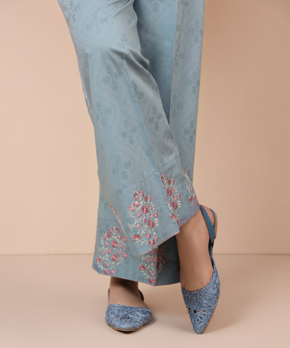 Women's Pret Blended Jacquard Solid Embroidered Steel Blue Culottes