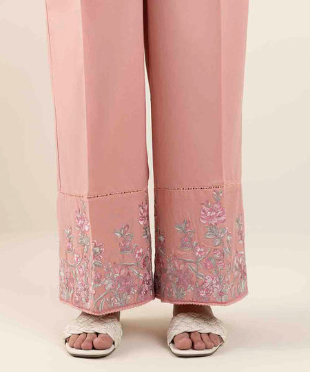 Women's Pret Dobby Pink Solid Embroidered Straight Pants